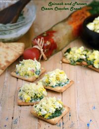 Crispy cream crackers are first topped with a luscious mixture of spinach in white sauce, and then with a tongue-tickling mix of paneer and sweet corn flavoured in Indian style with dry mango powder and coriander.