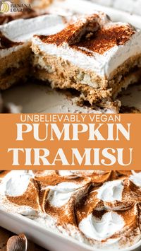 This ridiculously delicious vegan pumpkin tiramisu features espresso-soaked homemade eggless ladyfingers, creamy spiced pumpkin mascarpone cream, fresh dairy free whipped cream and a dusting of pumpkin spice! Basically pumpkin spice latte meets tiramisu, and it’s the best way to eat pumpkin.