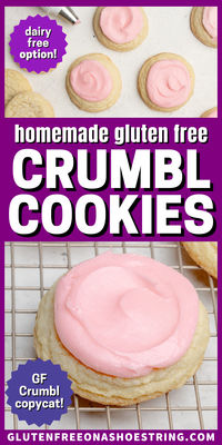 If you wish Crumbl made gluten free cookies, this copycat recipe for the thick sugar cookies with the fancy pink frosting is for you. They're chewy, tender, and piled with rich vanilla almond frosting. My gluten free Crumbl Cookies copycat recipe will satisfy you when you're craving a simple bakery-style cookie and can't just walk into the store to buy one. They're a delightful copy of Crumbl Cookies, but safe for a gluten free diet. With dairy free option!