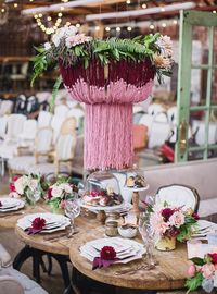 yarn chandelier, wine and blush flowers, beautiful crafty vintage wedding