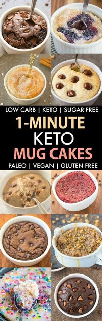 1-Minute Keto Mug Cakes (Paleo, Vegan, Low Carb, Sugar Free)- Easy mug cake, mug muffin and mug brownie recipes which take less than a minute and perfect single serve healthy treat- NO butter, grains or eggs needed! #keto #ketodessert #mugcake | Recipe on thebigmansworld.com