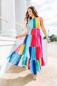 One Word: Stunning! This maxi dress is perfect for all of your spring or summer occasions! All of those vibrant colors are  gorgeous and that flowing fit couldn't be more beautiful! Buddy Love's Blake Dress features a halter neckline with adjustable tie, tied belt around the waist, four tiers and is lined until mid-thigh.