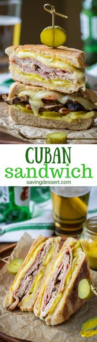 The Cuban Sandwich (Cubano) ~ a hearty and delicious combination of sweet ham, juicy tender pork, melted Swiss cheese, dill pickles with a nice bite from a slathering of yellow mustard. www.savingdessert.com