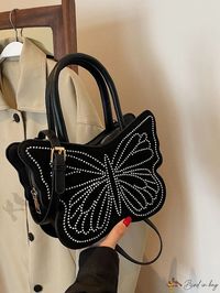 Bird in Bag - Black Butterfly Design Handbag with Rhinestone Accents