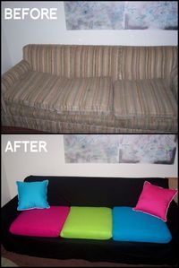 DIY Couch Makeover: use sheet to cover couch and sew slip covers for cushions.