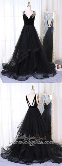 A-Line V-Neck Sweep Train Pleated Tiered Black Tulle Prom Dresses, TYP1397 #prom #promdresses #longpromdresses #prompartydresses