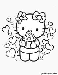 Delight in the adorable charm of Hello Kitty holding a Valentine's cupcake, surrounded by hearts, with our free printable coloring page! Perfect for kids and adults, this aesthetic design captures the essence of love and creativity. Unleash your artistic flair and add a splash of color to this cute scene.