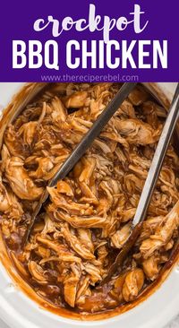 Easy Slow Cooker BBQ Chicken is made in the crockpot with a sweet and savory bbq sauce! Make it with chicken breasts, thighs, bone in or boneless. #crockpot #slowcooker #recipes | crockpot dinners | slow cooker recipes | slow cooker chicken | chicken breast ideas | dinner ideas