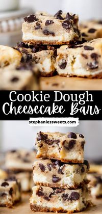 These cookie dough cheesecake bars are SO delicious and SO easy to make. They combine cookie dough and cheesecake in an easy to eat bar form!