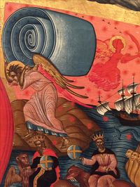 A detail from an icon by Franghias Kavertgas of an angel carrying the rolled-up sky