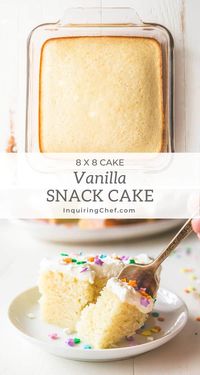 Made in an 8x8 pan, light and fluffy Vanilla Celebration Cake is great for a small celebration or just a weeknigth dessert. #easydessert #smallbatch #vanilla #cake