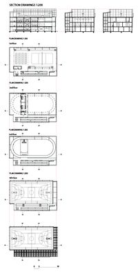 Plan and Section of the Chacao vertical Gymnasium. The gym consisted of total 4 storeys. The total area is around 1,000 sqm. It located in the high density area in Venezuela.