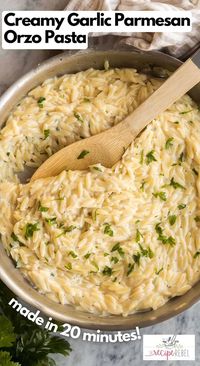 This Garlic Parmesan Orzo Pasta is a one-pot recipe for tender orzo tossed in a light and cheesy cream sauce. It's simple to make and comes together in a total of 20 minutes! #pasta #recipes #dinner | easy dinner ideas | dinner recipes | easy recipe | pasta recipe | orzo pasta | garlic | cheesy | comfort food