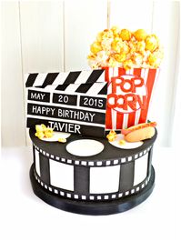 Hollywood Movie Themed Birthday Party Cake with Sugar Popcorn, Film Roll, Clapboard and Hotdog Cherie Kelly London