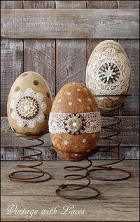 Easter Decoration - Decoupaged and Embellished Paper Mache Eggs on Rusty Bed Springs