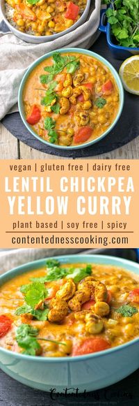 An amazing Yellow Curry made with lentils and chickpeas bursting with flavor. Even better you won't believe how easy it is to prepare: 6 ingredients, and 2 easy steps, vegan, gluten free, plant based, dairy free.