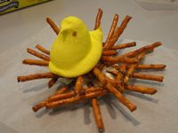 Edible Bird Nest: Tsp of Icing, Pretzel Sticks & a Peep (built on a piece of wax paper)