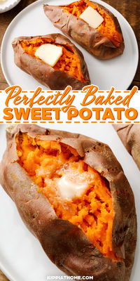 Learn how to bake sweet potatoes with this easy recipe. Your baked sweet potatoes will be tender and fluffy. Most people think of sweet potatoes as a side dish served at Thanksgiving, but they are delicious all year. #kippiathome #sweetpotatoes