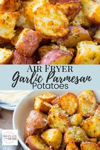 CRISPY & SIMPLE with only 5 ingredients! I I like making these for my family because everyone loves them and they're so easy to make. Plus, they go with so many dishes. Air Fryer Garlic Parmesan Potatoes are the perfect potato side dish! Vegetarian & gluten-free.