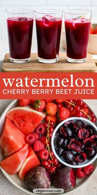 This hydrating watermelon cherry berry beet juice is a delightful blend of red fruits and vegetables that not only tastes divine but is also loaded with nutrients. Perfect for hydration and a nutritional boost, this juice is sure to refresh and revitalize you any time of the day. Pin this recipe for a quick, easy, and delicious way to incorporate more fruits and veggies into your diet. #HealthyJuice #NutrientPowerhouse #WatermelonCherryBerryBeetJuice #HydratingRecipe 🍉🍒🍓💦☀️