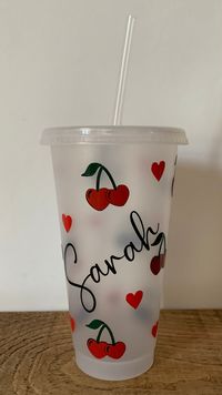 Perfect Valentine gift for the love in your life that also loves a frappe / iced latte / smoothie. My cold cups (complete with lids and straws) have been reimagined for Valentine's Day with cool love-themed designs applied by me in my craft studio. Cherry Hearts  Made with permanent vinyl, hand wash only. Reusable cups for cold beverages. BPA free Bespoke designs also available, message me for options. Sarah x