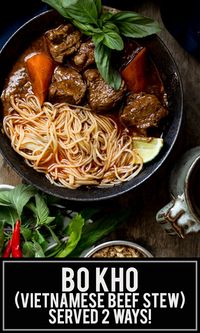 If you love beef stew, you definitely  need to check out this Bo Kho recipe - this Vietnamese beef stew has all the flavors of a traditional beef stew with additional aromatics from lemongrass and star anise to give it another dimension of flavor. It also can be easily transformed into a beef noodle soup bowl as well! #recipe #vietnamesefood #bokho #stew #comfortfood #noodlesoup