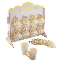 Everyone gather up, its time to partea and celebrate with these cute little teacups! Featuring a floral and butterfly design with beautiful gold accents, this teacup stand is a must-have party supply for tea party-themed birthday parties and events. Place it on your food and drink table as a practical and adorable decoration! Includes one cardboard stand, eight paper cups and eight paper cup sleeves. (17 pcs. per set) Stand, 19" x 17"; cups, 9 oz. Simple assembly required.