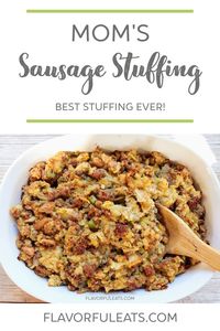 Mom’s Sausage Stuffing is a homemade stuffing made with sausage, onion, garlic, celery, hand-torn bread, and plenty of spices. It’s always a big hit and Thanksgiving wouldn’t be complete without it!