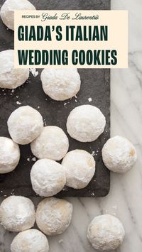 At Italian weddings, there is often a sweets table in addition to the cake, laden with cookies and other treats for the guests. It’s a tradition that works just as well for a holiday party, and front and center on your table should be Giada's Italian wedding cookies- they melt-in-your-mouth! A generous dusting of powdered sugar adds a snowy cap – perfect for the winter season!