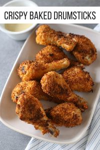 These Crispy Baked Drumsticks had the texture and taste of fried chicken without all the fat and mess of frying. What a great fake out! I've also included a simple and delicious recipe for a Honey-Mustard Sauce for dipping, which adds a little tangy-sweetness to the meal. #drumsticks