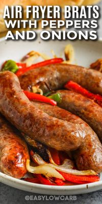 Give these Air Fryer Brats With Peppers And Onions a try for dinner tonight. In this recipe, the bratwurst and vegetables are cooked in the air fryer, but the recipe can easily be adjusted to cook them in the oven, or on the grill. The result is a healthy and hearty main dish, that is so easy to make. #bratswithpeppersandonions #airfryerbratwurst #airfryerbratswithpeppersandonions #easylowcarb