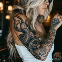 Detailed black and grey octopus tattoo sleeve, perfect for those who appreciate fine linework and shading. This octopus tattoo design is ideal for both men and women. Check out inktat2.com for more stunning octopus tattoos. Don’t forget to save this pin!