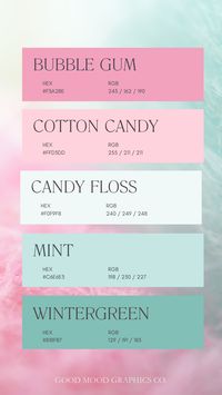 Cotton candy baby pink, mint green, wintergreen, green, bubble gum pink color palette. Color palette for weddings, baby shower, nursery, etc.