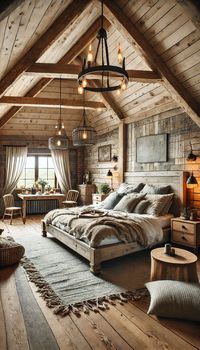 Transform your bedroom into a cozy rustic retreat with natural wood tones, soft lighting, and earthy textures. Featuring a farmhouse-style wooden bed, soft knit throws, and modern rustic pendant lights—this bedroom is the perfect blend of comfort and charm. Ideal for cabin decor lovers and those seeking boho-rustic bedroom inspiration. ✨ #RusticBedroom #FarmhouseStyle #CozyHome .Pin now to create your dream rustic bedroom!