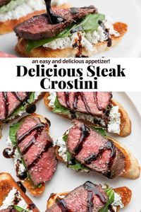 Steak Crostini - a simple steak crostini recipe with goat cheese, fresh basil, seared sirloin steak and balsamic glaze! Easy and delicious! #steakcrostini #steakcrostinirecipe