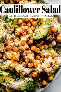 This Cauliflower Salad with Creamy Tahini Dressing combines roasted cauliflower & chickpeas with fluffy quinoa and creamy avocados. It’s a healthy, protein-packed salad that can be made ahead of time. // healthy // recipe // cold // vegan