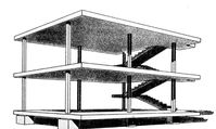 Modernist buildings: plane walls, flat roofs, no historical ornament. Le Corbusier’s principle for a modern building only needs: Columns, Floor slabs, Stair, Curtains walls, and glass.