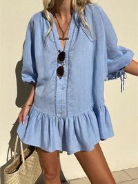 Ruffle Hem Solid V-Neck Casual Mini Dress For Women, Fall/Winter Blue Cute  Three Quarter Length Sleeve Woven Fabric Plain,Striped Smock Non-Stretch  Women Clothing, size features are:Bust: ,Length: ,Sleeve Length: