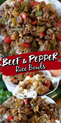 Beef and Pepper Rice Bowls are loaded with white rice, deliciously seasoned ground beef, and hearty red and green bell peppers and jalapenos. #beefandpeppers #ricebowls