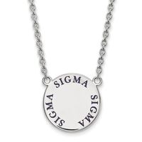 Show your greek life spirit with this Sigma Sigma Sigma Sorority necklace. It is crafted with rhodium plated sterling silver and is 18 Inches in length. The pendant is 19mm in width and 19mm in height (0.75 in x 0.75 in) and dangles from a 1.95mm wide cable chain. We are a certified Collegiate jewelry retailer and this authentic item is licensed by the Sigma Sigma Sigma Sorority and Greek Life. This enameled pendant necklace is made the USA.