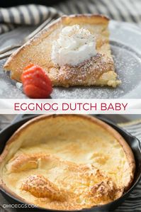 An Eggnog Dutch Baby is a light an puffy pancake made with creamy eggnog and nutmeg, then topped with powdered sugar and fluffy whipped cream.