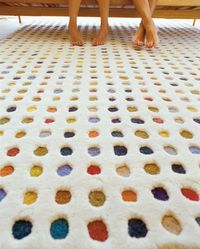 Small colourful buttons and little hidden dots appear as the wool sinks into the plush white surface to reveal a dotty explosion. A soft, textured hand-tufted rug that will brighten up any space.  Available in 3 different sizes.