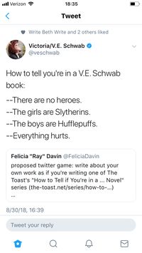 Victoria Schwab’s books summed up in one tweet.