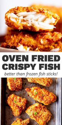 So much better than frozen fish sticks! This Crispy Oven Fried Fish gets super crunchy and will be a new favorite for kids and adults alike. Easy to make, healthier than fried fish (this one is breaded and baked!) and convinces even the pickiest eater! | #recipe #easyrecipe #fishrecipes #dinnerrecipes #easydinner