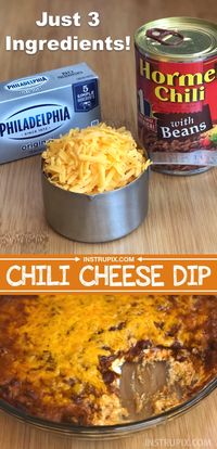 Super easy party appetizer! This warm chili cheese dip is SO GOOD! Great for last minute planning and feeding a crowd. Everyone will begging you for the recipe! Just 3 ingredients. So simple and quick. | Instrupix