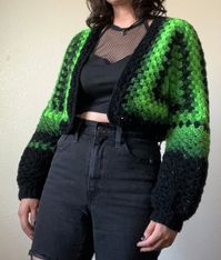 Small hexagon granny square cropped cardigan Black and green ombre Iteam made using a patten from passioknit kelsie  Acrylic  Handmade