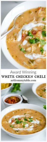 You won't be able to resist this White Chicken Chili ~ Tender chunks of chicken, creamy white beans, cheesy broth, and just the right amount of heat.