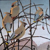 Robert Greenhalf (1950-): Cedar Waxwings, woodcut