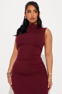 Available In Wine And Cognac. Maxi Dress Mock Neck Sleeveless Ruched Side Slit Stretch 93% Polyester 7% Spandex Imported | Ravyn Ruched Maxi Dress in Wine size 3X by Fashion Nova