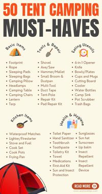 50 essential tent camping items, must-haves, and hacks from experienced campers! Save it for your next trip!